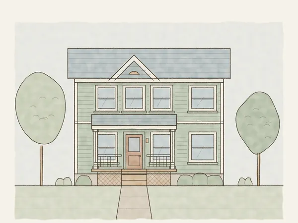 Illustration of a new two-story home with lap siding and a covered front porch on corner posts, with railings and steps centered on the front door