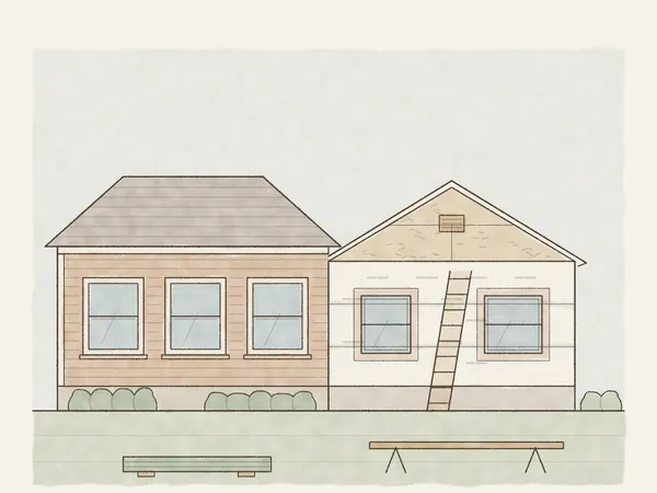 Illustration of a single-story house with a new addition framed, sheathed and wrapped, with its new windows in