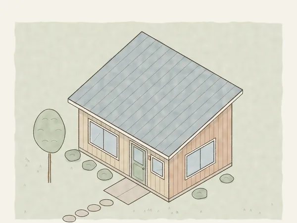 Illustration of a detached backyard ADU with a shed roof, board-and-batten siding and a concrete pad at the door