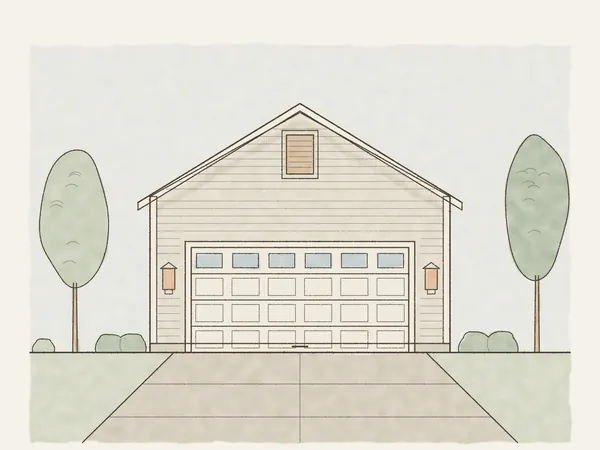 Illustration of a detached garage with lap siding, a roll-up door and a concrete driveway