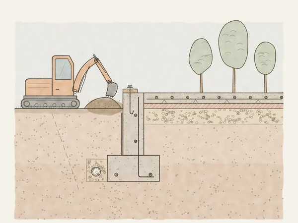 Cutaway illustration of a foundation: a footing and stem wall with rebar, an anchor-bolted sill plate and a slab over foam and gravel, with a mini excavator backfilling