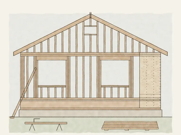 Illustration of a framed wall and gable with studs, a double top plate, window headers, rafters and one section of sheathing
