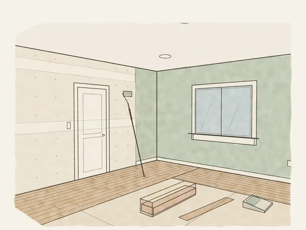 Illustration of a room being finished, with painted walls, a trimmed window and door, drywall taped for paint and new plank flooring going in