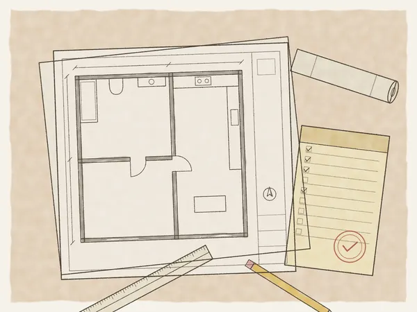 Illustration of a floor plan drawing set with an approved permit card, a scale ruler and a pencil