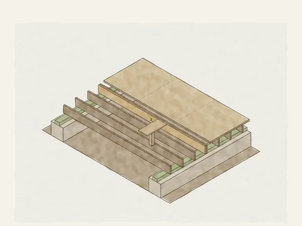 Illustration of floor framing between two foundation walls with the subfloor cut back: a cracked joist with a new joist sistered alongside and a temporary post under the repair