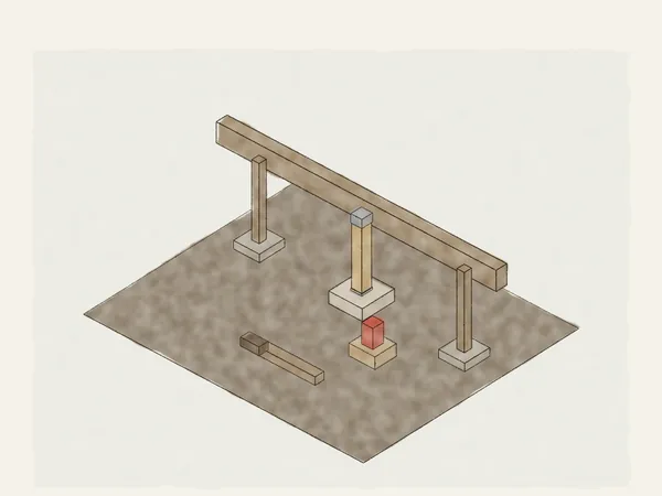 Illustration of a crawlspace girder on three posts, the middle post replaced with a new post, base and cap on a new footing, the old rotted post set aside and a jack on cribbing