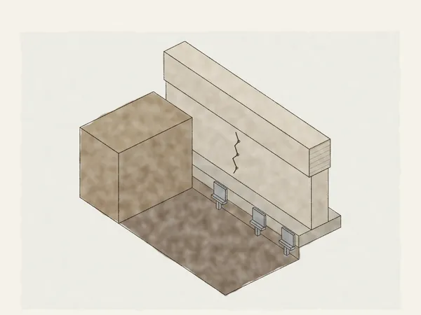 Illustration of a stem wall and footing with a trench dug along it: a crack in the stem wall sealed with injection ports and steel pier brackets set under the footing