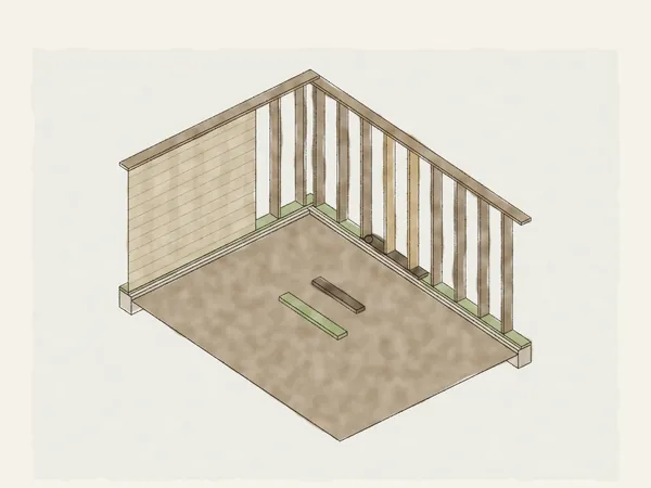 Illustration of a wall corner with the siding removed: a rotted section of sill marked and cut out, new studs in that bay, and a new treated sill piece ready on the ground