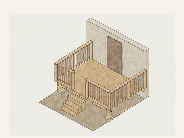 Illustration of a porch rebuilt against a house: ledger, joists and a beam on two posts and footings, railings on the raised edges and steps leading straight from the door