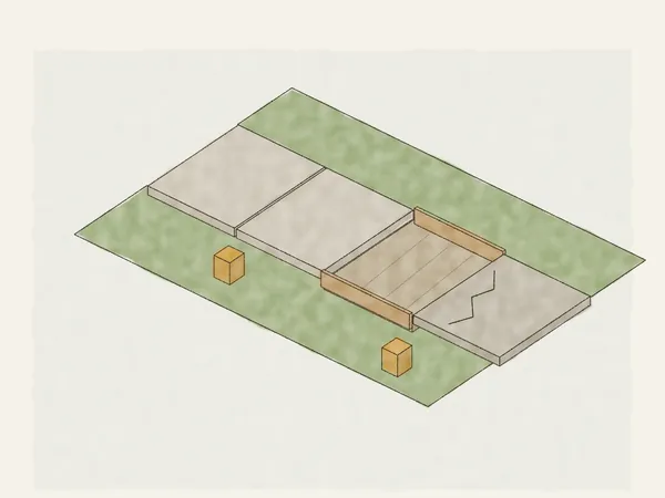 Illustration of a sidewalk with one damaged panel removed, formed and set with rebar over a gravel base, next to a cracked panel and markers on the lawn