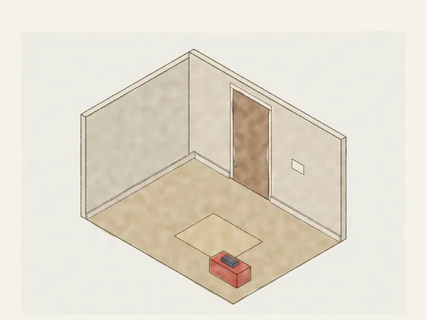 Illustration of everyday repairs in a room: a door rehung with new hinges and casing, baseboard put back, a floor patch and a toolbox