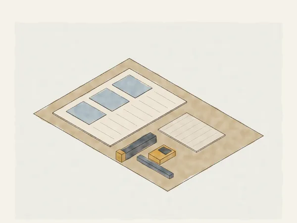 Illustration of a written photo report laid out with a floor sketch, a flashlight, a moisture meter and a level