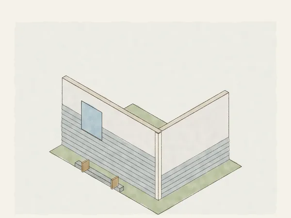 Illustration of a house corner getting new lap siding: courses run up from the bottom over house wrap, corner boards in place, and boards on saw horses