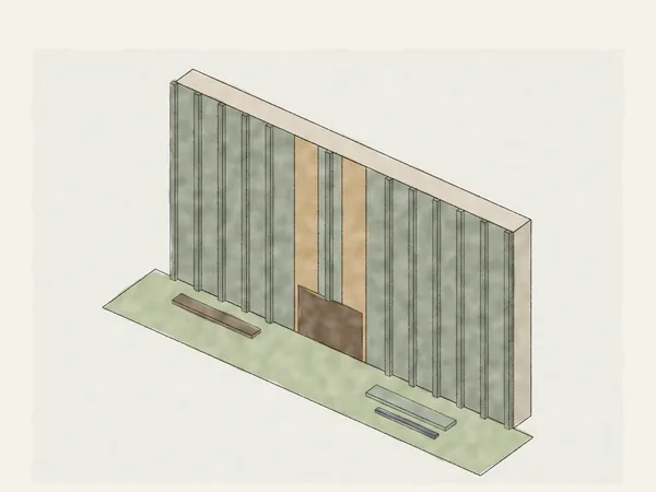 Illustration of a board-and-batten wall opened up for repair: rotted sheathing cut out at the bottom, new sheathing in the bay and the first new board going back on