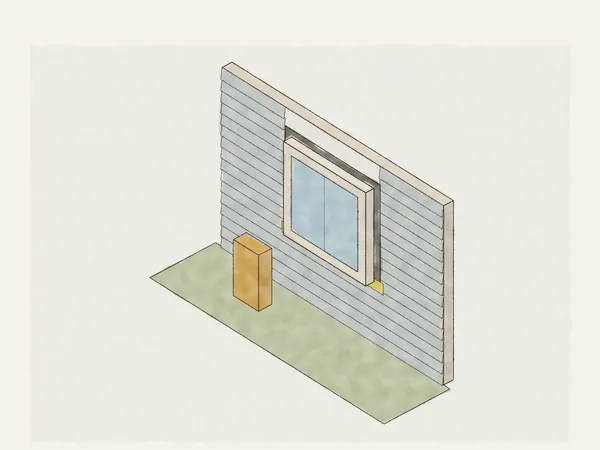 Illustration of a new window set into a sided wall over house wrap, with flashing tape at the sill and trim around the frame