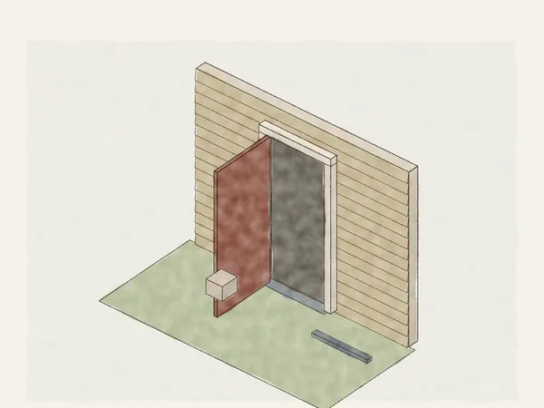 Illustration of a new exterior door hung in its opening on a sill pan, swung open, with new casing and a level and shims nearby