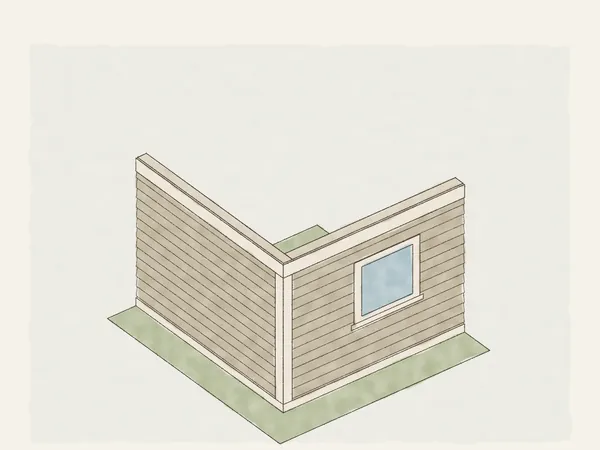 Illustration of a sided house corner with corner boards, frieze boards at the top of the walls, a skirt board and a cased window