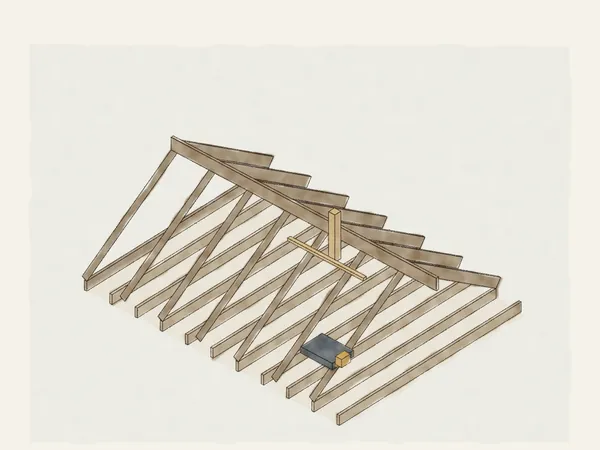 Illustration of attic framing: rafters rising to a ridge board over ceiling joists, with a new strut and strongback and a flashlight on the joists