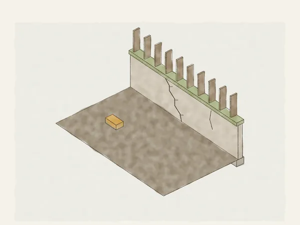 Illustration of a crawlspace stem wall with a stair-step crack marked across, damp soil on the vapor barrier and a moisture meter