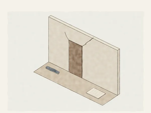 Illustration of an interior wall with a diagonal crack running up from a door corner, pencil marks along it and a crack map on the floor