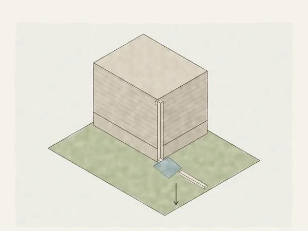 Illustration of a house corner where a downspout empties into a puddle at the foundation, with an extension laid out to carry the water away