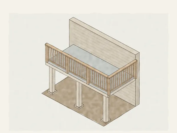 Illustration of a balcony over a porch on three posts, with a cracked walking membrane and water dripping at a settled post