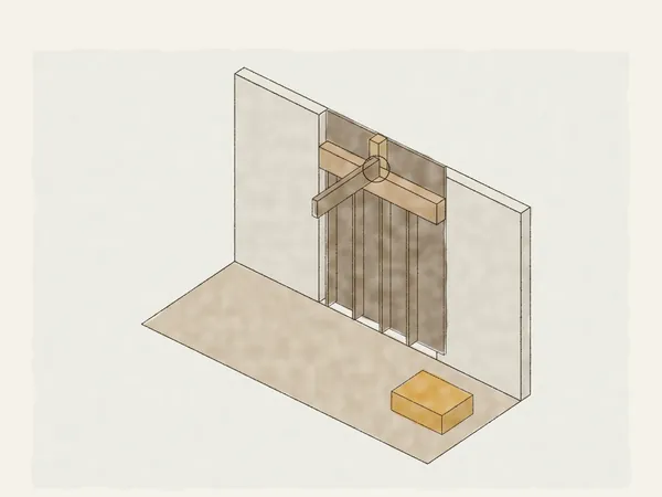 Illustration of a wall opened up to show a built-up post under a header, with a beam from another direction landing on the same post