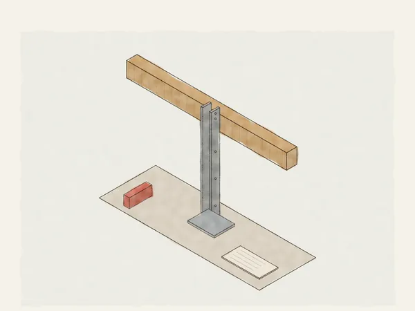 Illustration of a wood post under a glulam beam with steel channels bolted to both faces, a base plate, a shoring jack and a measurement sketch